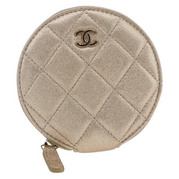 CHANEL Matelasse Earphone case Pouch Leather Champagne Gold CC Auth 163737SAM