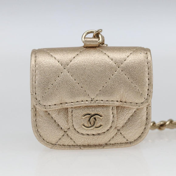 CHANEL Matelasse Earphone case Pouch Leather Champagne Gold CC Auth 163737SAM