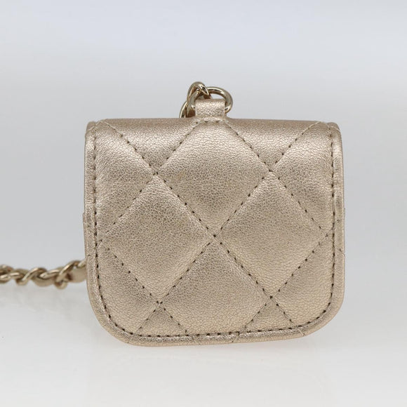 CHANEL Matelasse Earphone case Pouch Leather Champagne Gold CC Auth 163737SAM