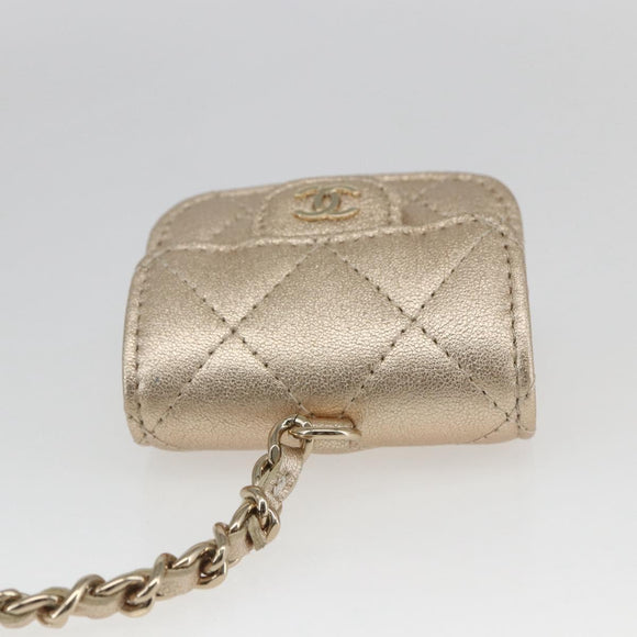 CHANEL Matelasse Earphone case Pouch Leather Champagne Gold CC Auth 163737SAM