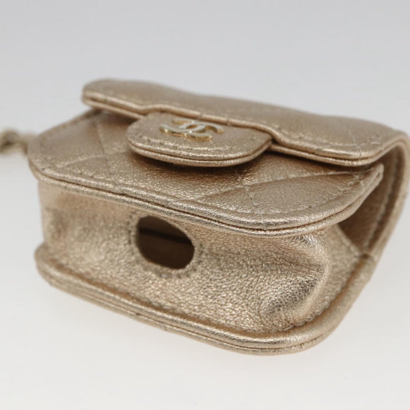 CHANEL Matelasse Earphone case Pouch Leather Champagne Gold CC Auth 163737SAM