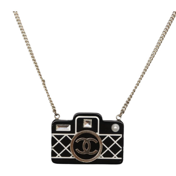 CHANEL COCO Mark Camera Necklace metal Black CC Auth 163738SM
