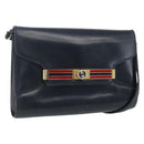 GUCCI Shoulder Bag Leather Navy Gold Auth 163760-1