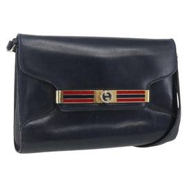 GUCCI Shoulder Bag Leather Navy Gold Auth 163760