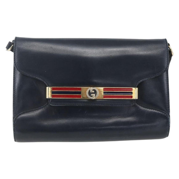 GUCCI Shoulder Bag Leather Navy Gold Auth 163760