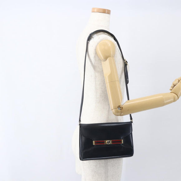 GUCCI Shoulder Bag Leather Navy Gold Auth 163760