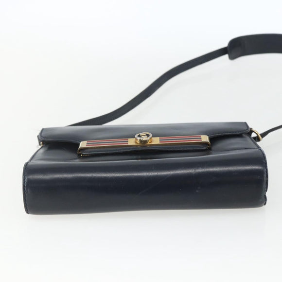 GUCCI Shoulder Bag Leather Navy Gold Auth 163760