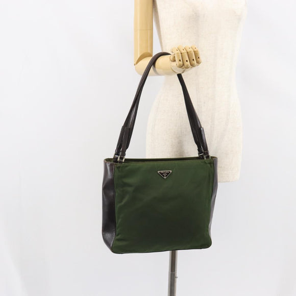 PRADA Tote Bag Nylon Khaki Silver Auth 163781