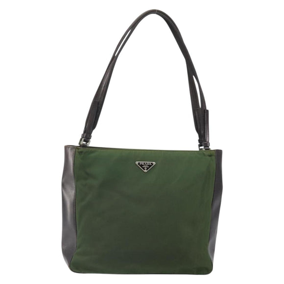 PRADA Tote Bag Nylon Khaki Silver Auth 163781