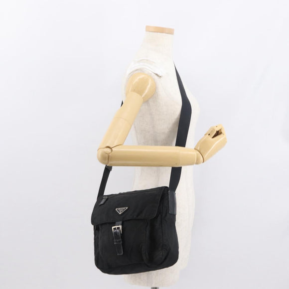 PRADA Shoulder Bag Nylon Black Silver Auth 163806