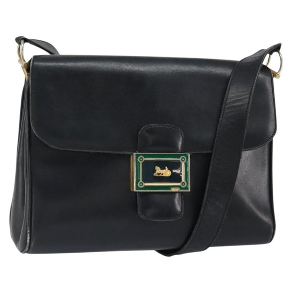 CELINE Horse Carriage Shoulder Bag Leather Black Gold Auth 163847