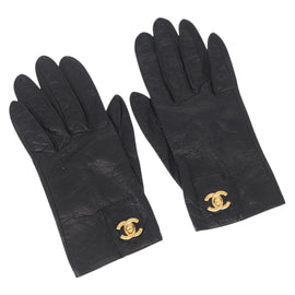 CHANEL COCO Mark Gloves Leather Black CC Auth 163864