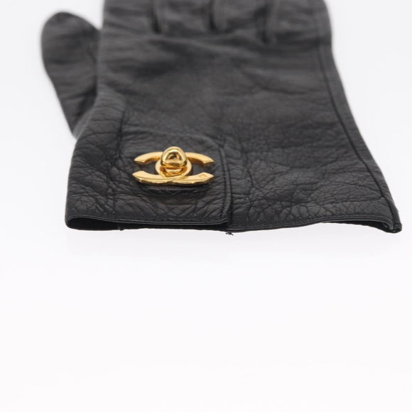 CHANEL COCO Mark Gloves Leather Black CC Auth 163864