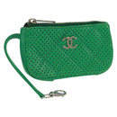 CHANEL Coin Purse Leather Green Silver CC Auth 163866V-1