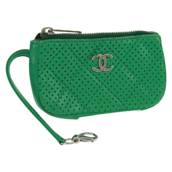 CHANEL Coin Purse Leather Green Silver CC Auth 163866V