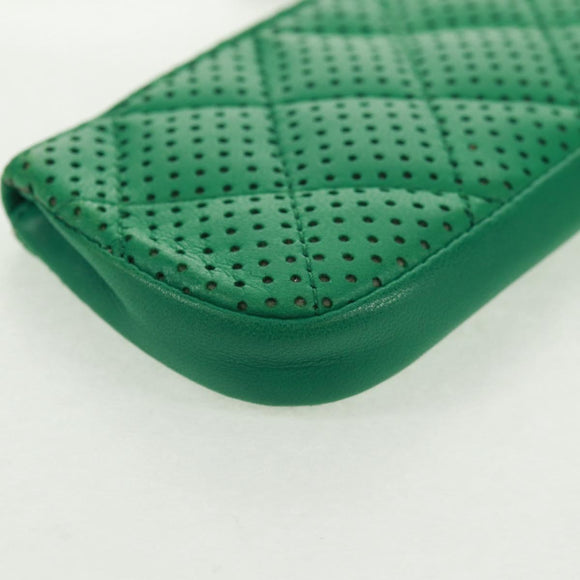 CHANEL Coin Purse Leather Green Silver CC Auth 163866V