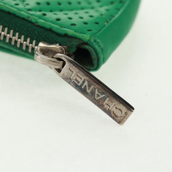 CHANEL Coin Purse Leather Green Silver CC Auth 163866V