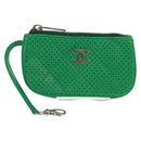 CHANEL Coin Purse Leather Green Silver CC Auth 163866V-2