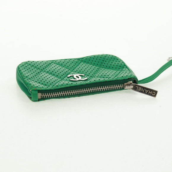 CHANEL Coin Purse Leather Green Silver CC Auth 163866V