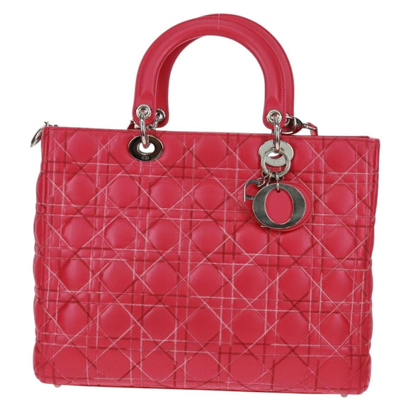 Christian Dior Lady Dior Hand Bag Lamb Skin 2way Pink Silver Auth 163880SAM