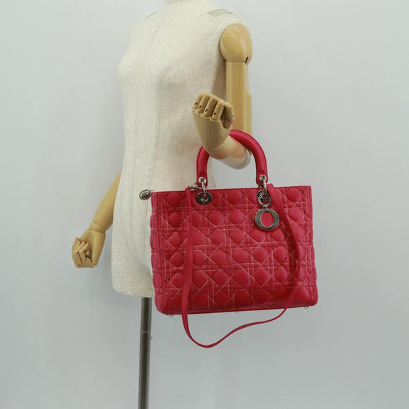 Christian Dior Lady Dior Hand Bag Lamb Skin 2way Pink Silver Auth 163880SAM
