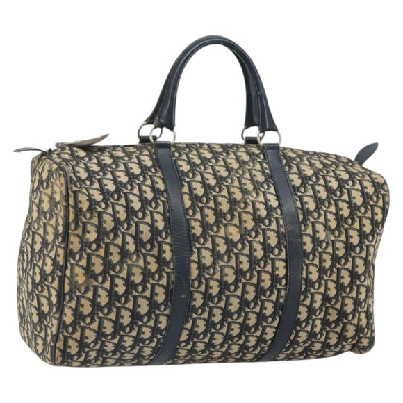 Christian Dior Trotter Canvas Boston Bag Navy Silver Auth 163934