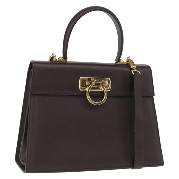 Salvatore Ferragamo Gancini Hand Bag Leather 2way Brown Gold Auth 163945