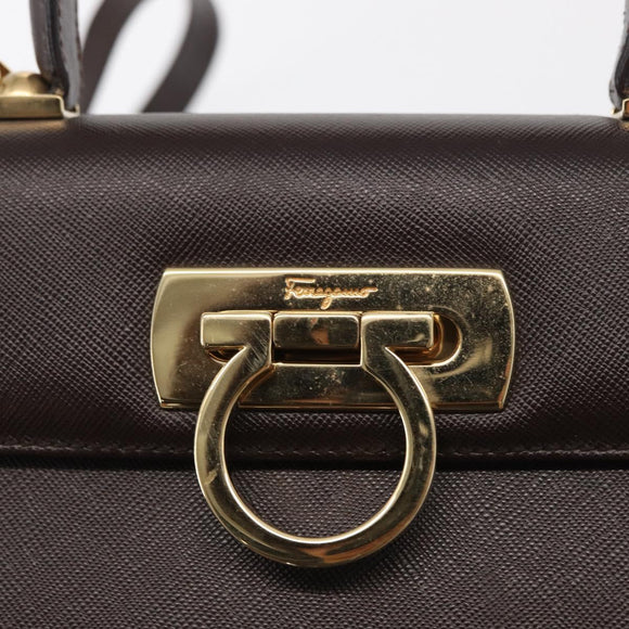 Salvatore Ferragamo Gancini Hand Bag Leather 2way Brown Gold Auth 163945