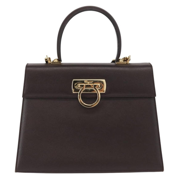Salvatore Ferragamo Gancini Hand Bag Leather 2way Brown Gold Auth 163945