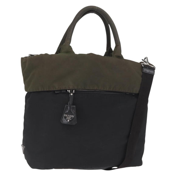 PRADA Hand Bag Nylon 2way Khaki Silver Auth 163952