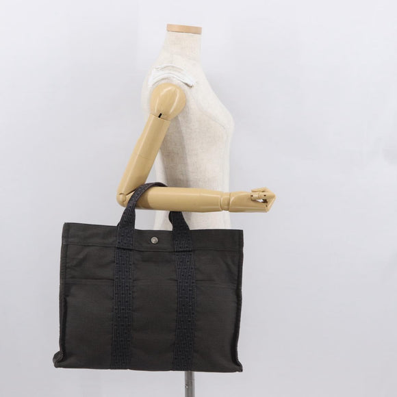 HERMES Her Line MM Hand Bag Canvas Gray Silver Auth 163958