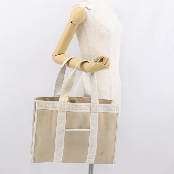 FENDI Zucca Canvas Tote Bag White Gold Auth 163978
