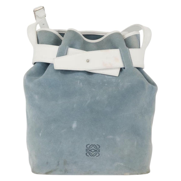 LOEWE Anagram Shoulder Bag Suede Leather Light Blue Silver Auth 163981