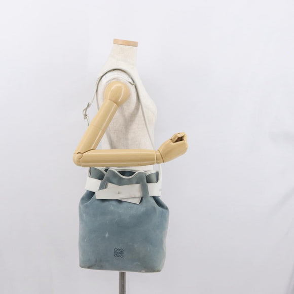 LOEWE Anagram Shoulder Bag Suede Leather Light Blue Silver Auth 163981