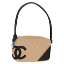 CHANEL Cambon Line Matelasse Bag Lamb Skin Beige Black CC Auth 164004SAM-1