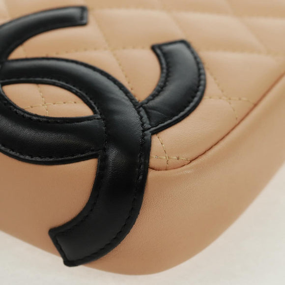 CHANEL Cambon Line Matelasse Bag Lamb Skin Beige Black CC Auth 164004SAM