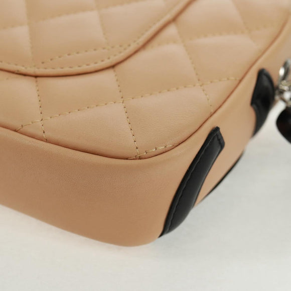 CHANEL Cambon Line Matelasse Bag Lamb Skin Beige Black CC Auth 164004SAM