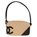 CHANEL Cambon Line Matelasse Bag Lamb Skin Beige Black CC Auth 164004SAM-2