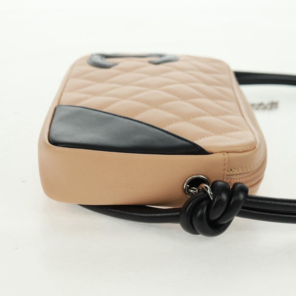 CHANEL Cambon Line Matelasse Bag Lamb Skin Beige Black CC Auth 164004SAM