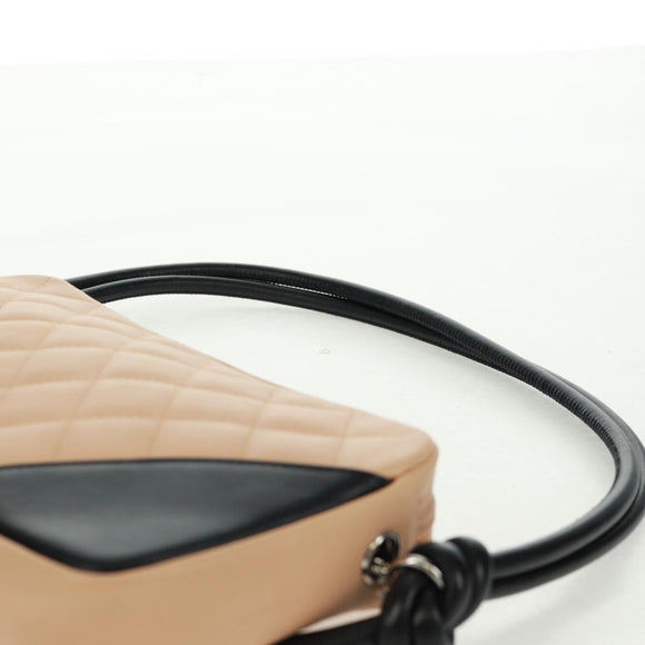 CHANEL Cambon Line Matelasse Bag Lamb Skin Beige Black CC Auth 164004SAM