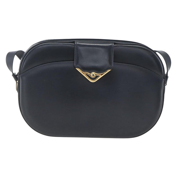 CARTIER Shoulder Bag Leather Navy Gold Auth 164015V