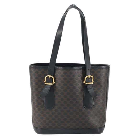 CELINE Macadam Canvas Shoulder Bag PVC Leather Black Gold Auth 164025