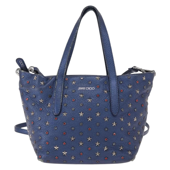 Jimmy Choo Studs Hand Bag Leather 2way Blue Silver Auth 164105