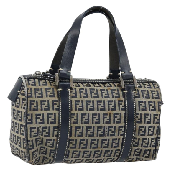 FENDI Zucchino Canvas Hand Bag Navy Silver Auth 164113