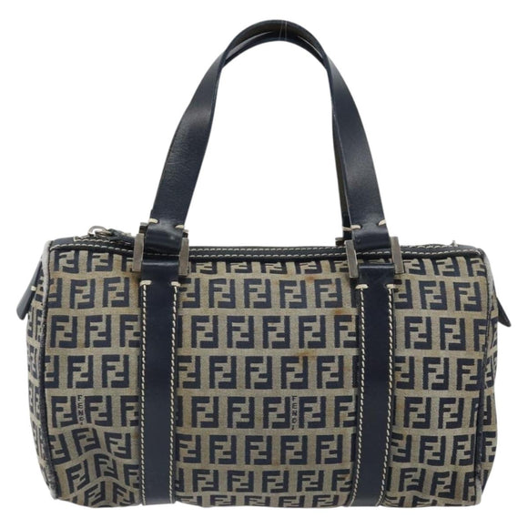 FENDI Zucchino Canvas Hand Bag Navy Silver Auth 164113