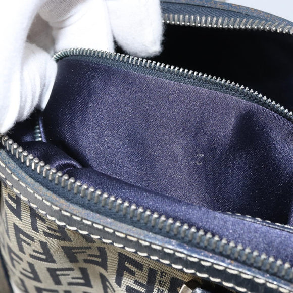 FENDI Zucchino Canvas Hand Bag Navy Silver Auth 164113