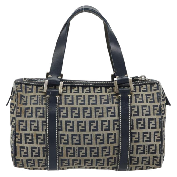 FENDI Zucchino Canvas Hand Bag Navy Silver Auth 164113