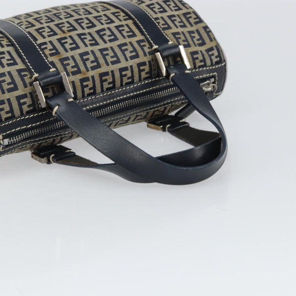 FENDI Zucchino Canvas Hand Bag Navy Silver Auth 164113