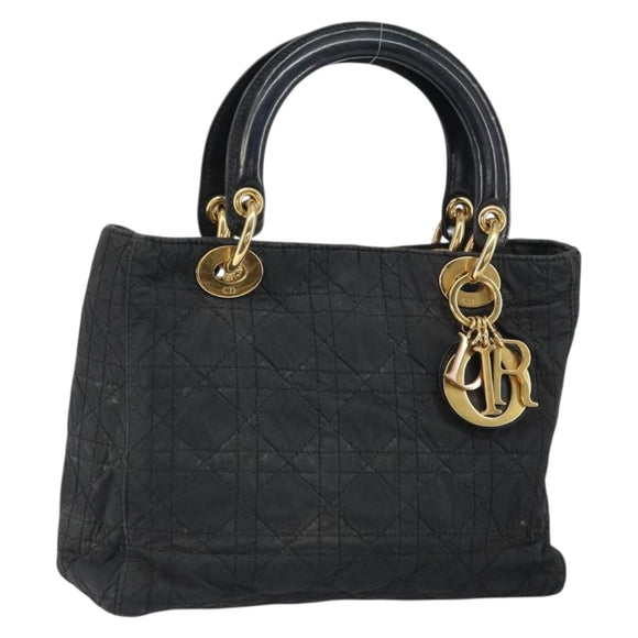 Christian Dior Lady Dior Canage Hand Bag Nylon Black Gold Auth 164124