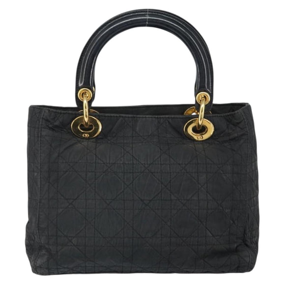 Christian Dior Lady Dior Canage Hand Bag Nylon Black Gold Auth 164124